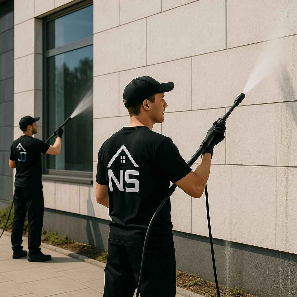Fassadenreinigung-nah-services Das Team von Nah Services bei der Fassadenreinigung