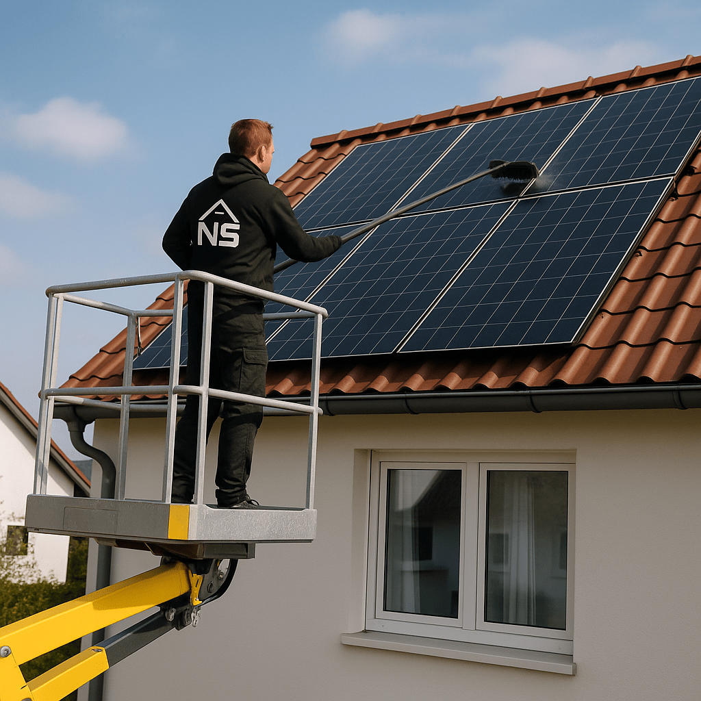 Solarreinigung-nahservices Ein Mitarbeiter von Nah Servicves bei der Solarreinigung